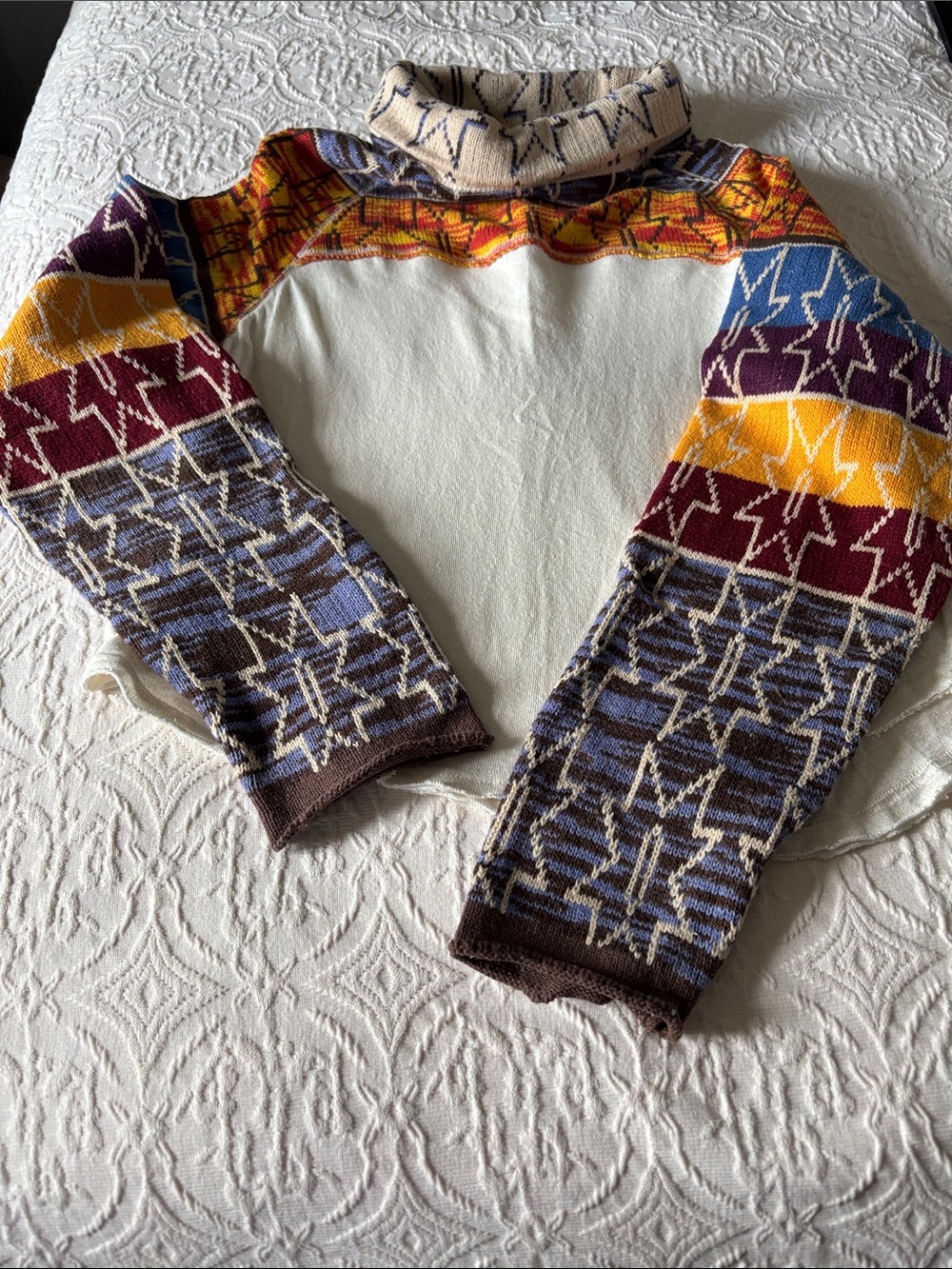 Free People Cream Sweater with Blue and Brown Patterned Accents
